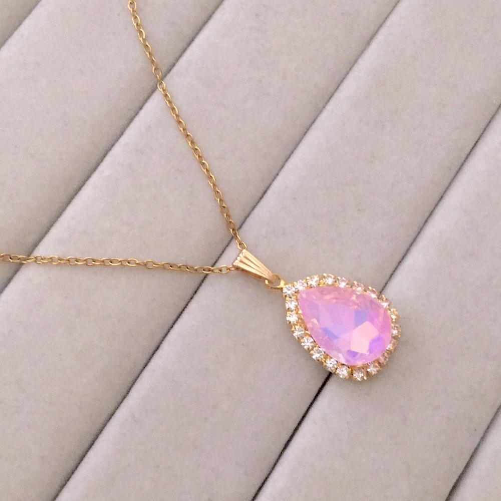 Lavender Pink Opal Aurora Borealis +Gold Crystal Halo Pear Drop Pendant Necklace - Picture 3 of 8